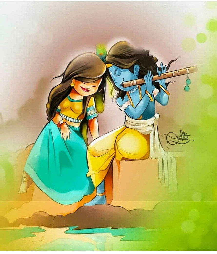 Cute Krishna Playing Flute With Radha Digital Art Wallpaper HD phone wallpaper
