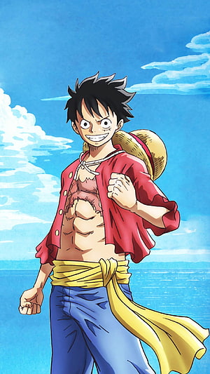 Monkey D. Luffy from One Piece in Red Shirt and Straw Hat Against Blue Sky HD phone wallpaper