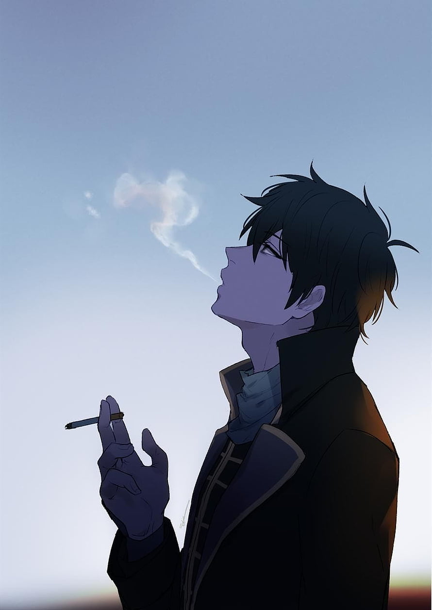 Anime Boy Smoking Cigarette Against Blue Sky Background HD phone wallpaper