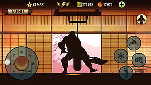 Shadow Fight 2 Silhouette Warrior in Japanese Dojo with Combat Interface HD wallpaper