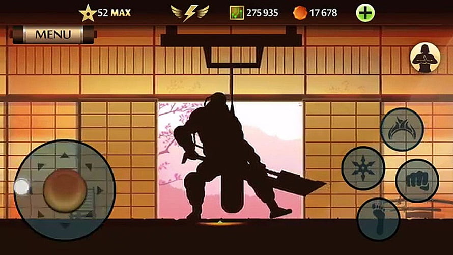 Shadow Fight 2 Silhouette Warrior in Japanese Dojo with Combat Interface HD wallpaper