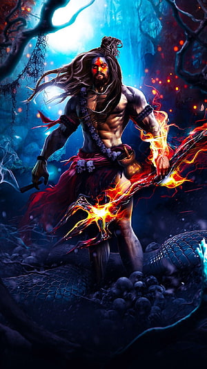 Furious Shiva Wielding a Blazing Trishula in a Dark Mythological Landscape HD phone wallpaper