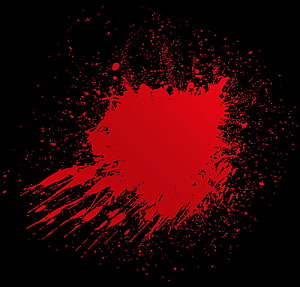 Vibrant red paint splatter with dynamic drips and scattered droplets on a solid black background HD wallpaper