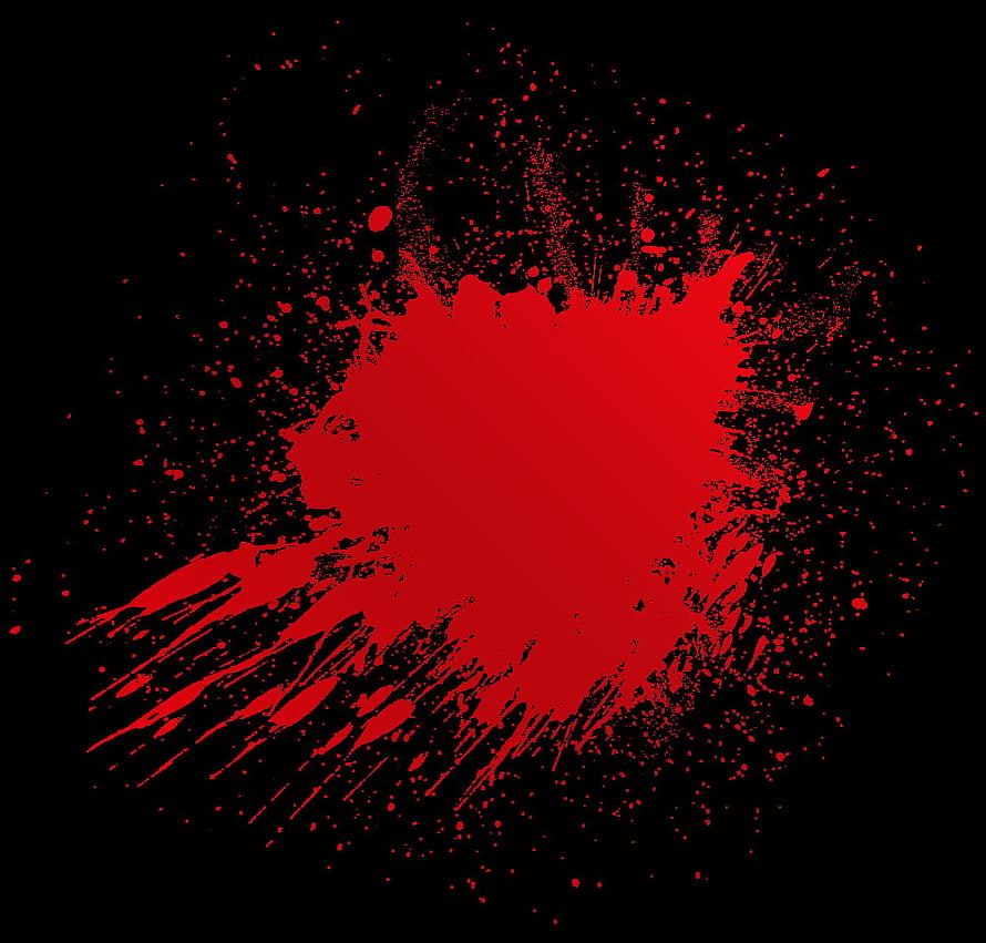 Vibrant red paint splatter with dynamic drips and scattered droplets on a solid black background HD wallpaper