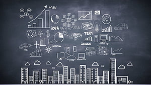 Business Strategy and Marketing Concepts on a Chalkboard with City Skyline HD wallpaper