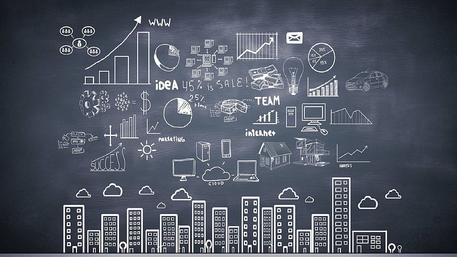 Business Strategy and Marketing Concepts on a Chalkboard with City Skyline HD wallpaper