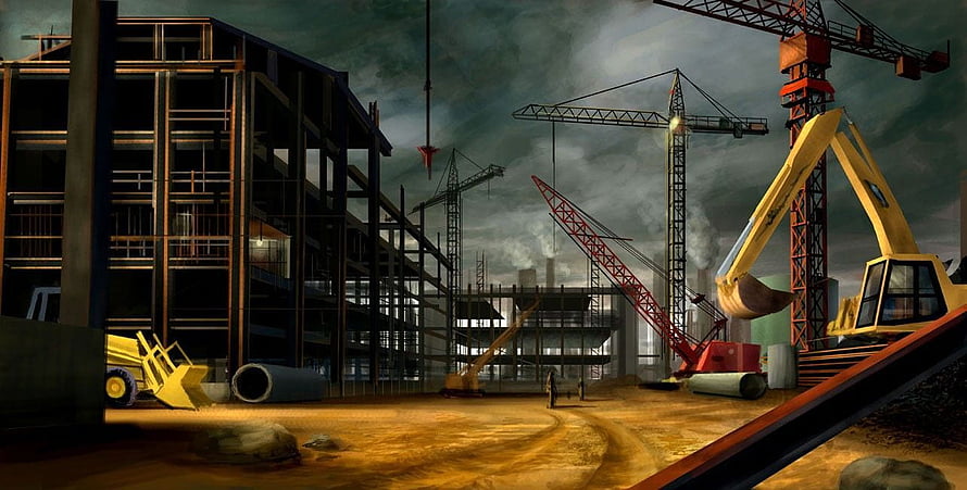 Dramatic Construction Site with Tower Cranes and Heavy Machinery Under Stormy Skies HD wallpaper
