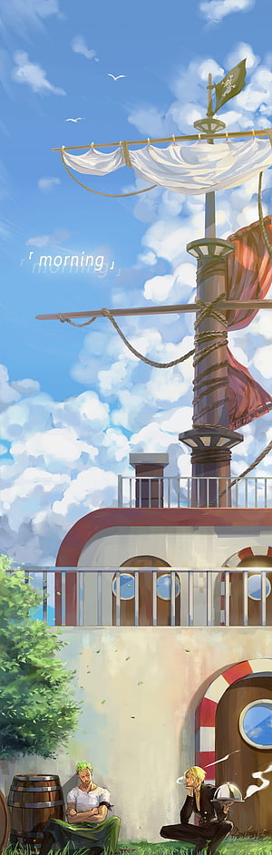 Zoro and Sanji relaxing on the Thousand Sunny deck in One Piece anime art HD phone wallpaper