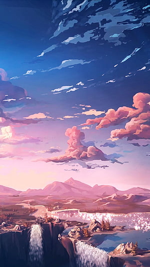 Anime Style Mountain Landscape with Waterfall and Pink Sunset Sky HD phone wallpaper