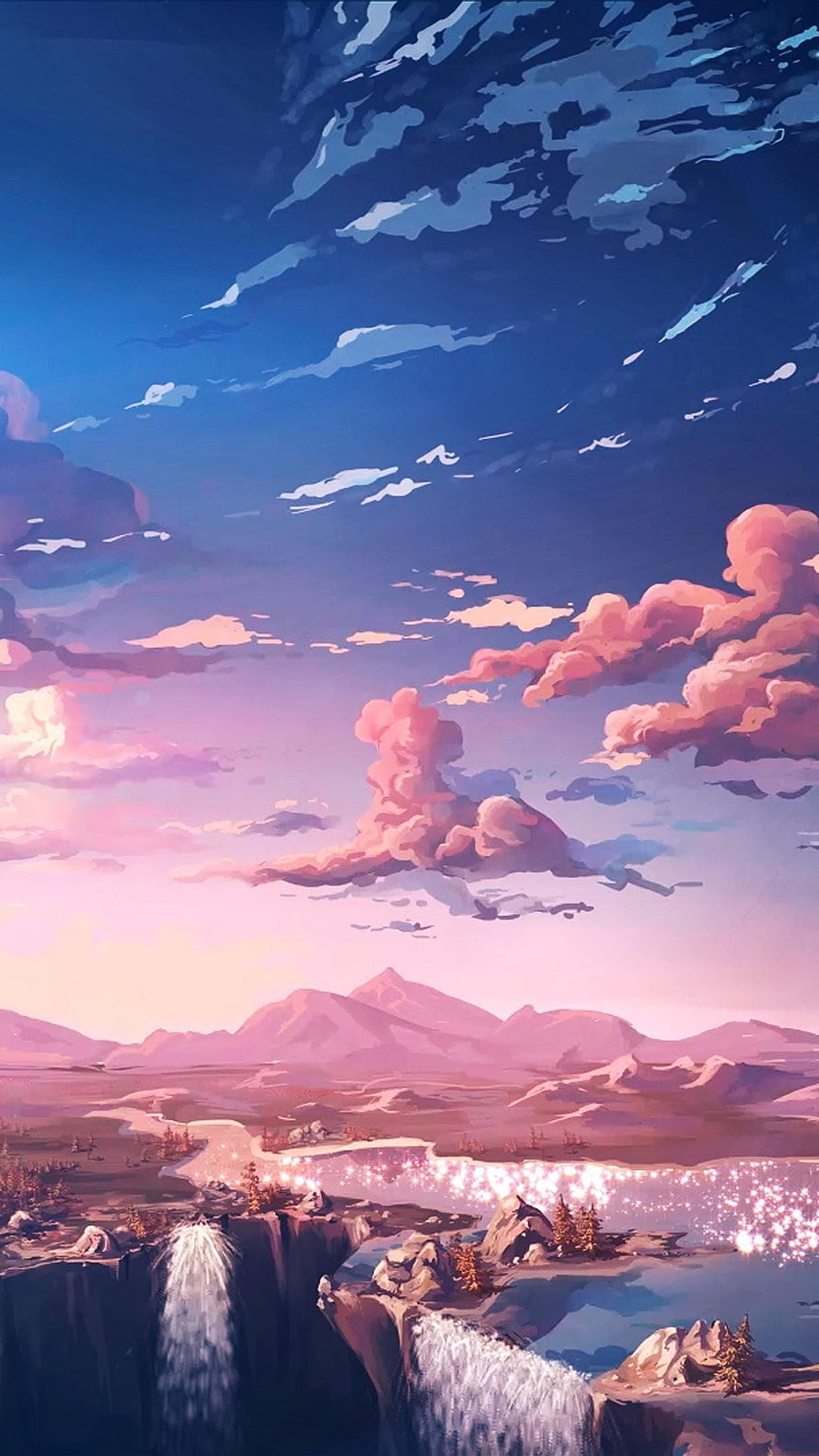 Anime Style Mountain Landscape with Waterfall and Pink Sunset Sky HD phone wallpaper
