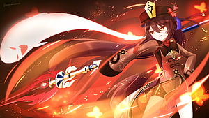 Hu Tao from Genshin Impact wielding her polearm amidst swirling red flames and butterflies HD wallpaper