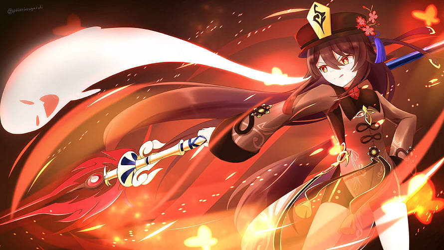 Hu Tao from Genshin Impact wielding her polearm amidst swirling red flames and butterflies HD wallpaper