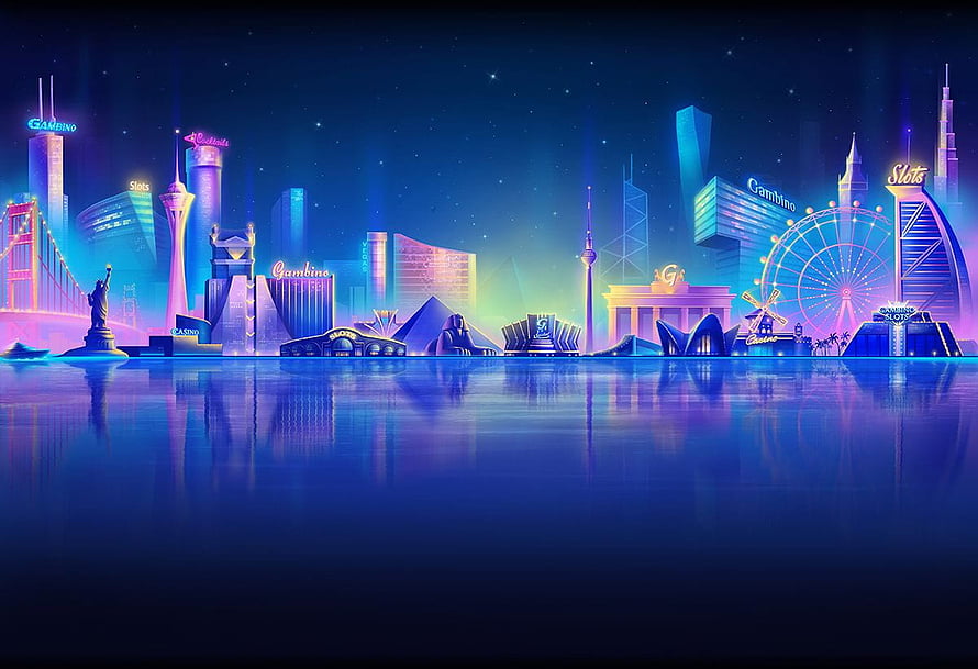 Neon Casino Cityscape with Water Reflections and Starry Night Sky HD wallpaper
