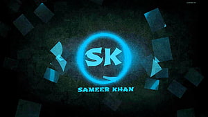 Glowing Blue SK Monogram Logo with Sameer Khan Text on Dark Textured Background HD wallpaper