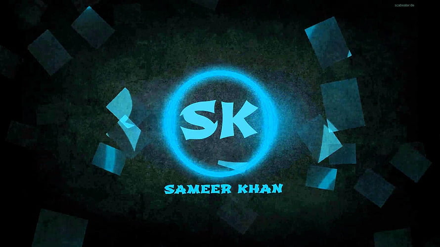 Glowing Blue SK Monogram Logo with Sameer Khan Text on Dark Textured Background HD wallpaper