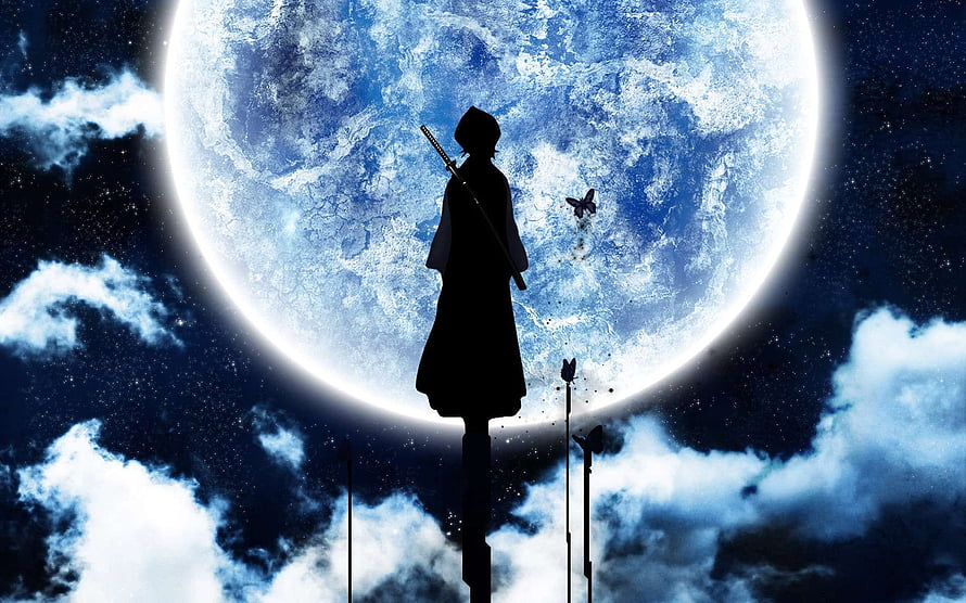 Silhouette of a Samurai Standing Before a Giant Moon in a Starry Night Sky HD wallpaper