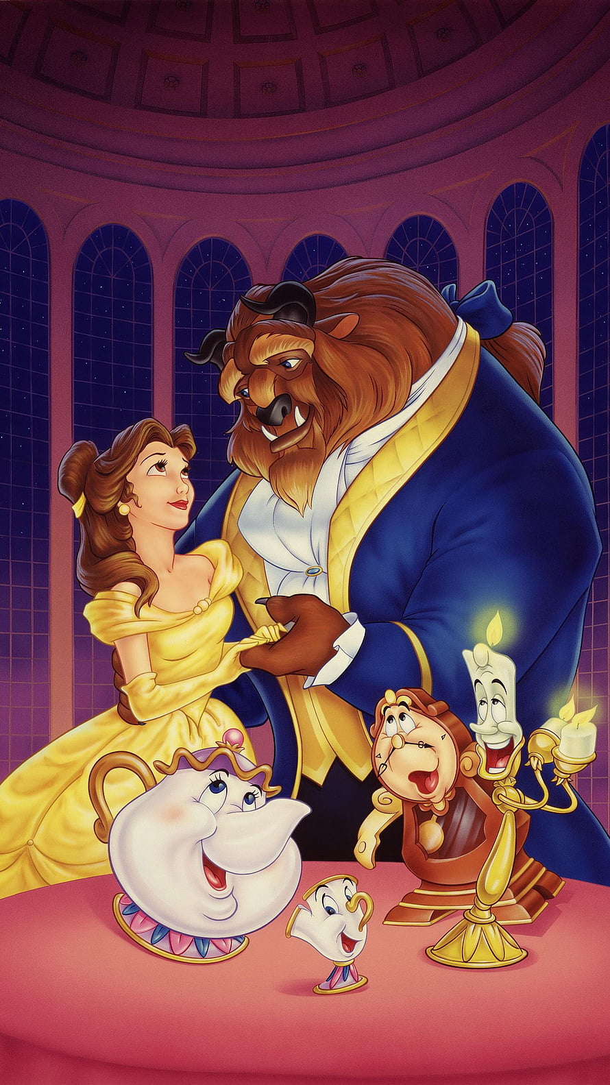 Beauty and the Beast Classic Disney Animation Featuring Belle, Beast, Lumiere, Cogsworth, and Mrs. Potts HD phone wallpaper