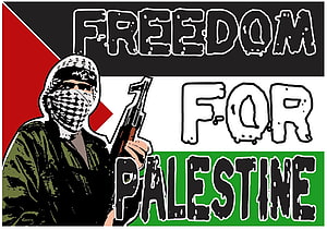Freedom for Palestine protest illustration with armed figure and flag colors HD wallpaper