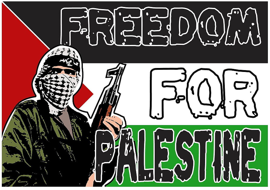 Freedom for Palestine protest illustration with armed figure and flag colors HD wallpaper