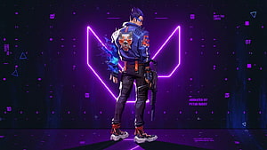Cyberpunk Character With Neon Purple Background And Futuristic Weapon HD wallpaper