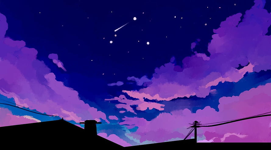 Purple Night Sky with Stars and Clouds Over Silhouetted Rooftop HD wallpaper