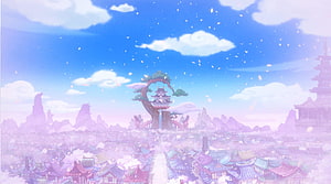 One Piece Wano Country Anime Landscape with Cherry Blossoms and Pagoda HD wallpaper