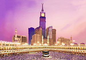 Majestic View of the Kaaba and Makkah Royal Clock Tower at Dusk HD wallpaper
