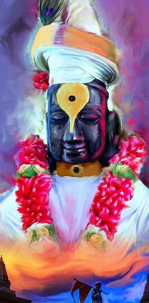 Vibrant Digital Painting of Vitthal Mauli with Turban and Floral Garland HD phone wallpaper