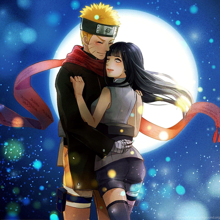 Naruto and Hinata Embracing Under a Full Moon in a Romantic Anime Illustration HD phone wallpaper