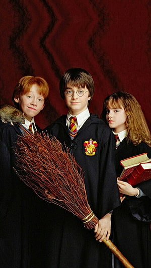 Harry Potter Ron Weasley and Hermione Granger in Hogwarts Robes with Broomstick and Books HD phone wallpaper