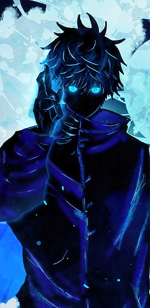 Gojo Satoru from Jujutsu Kaisen with glowing blue eyes and dark hooded outfit HD phone wallpaper