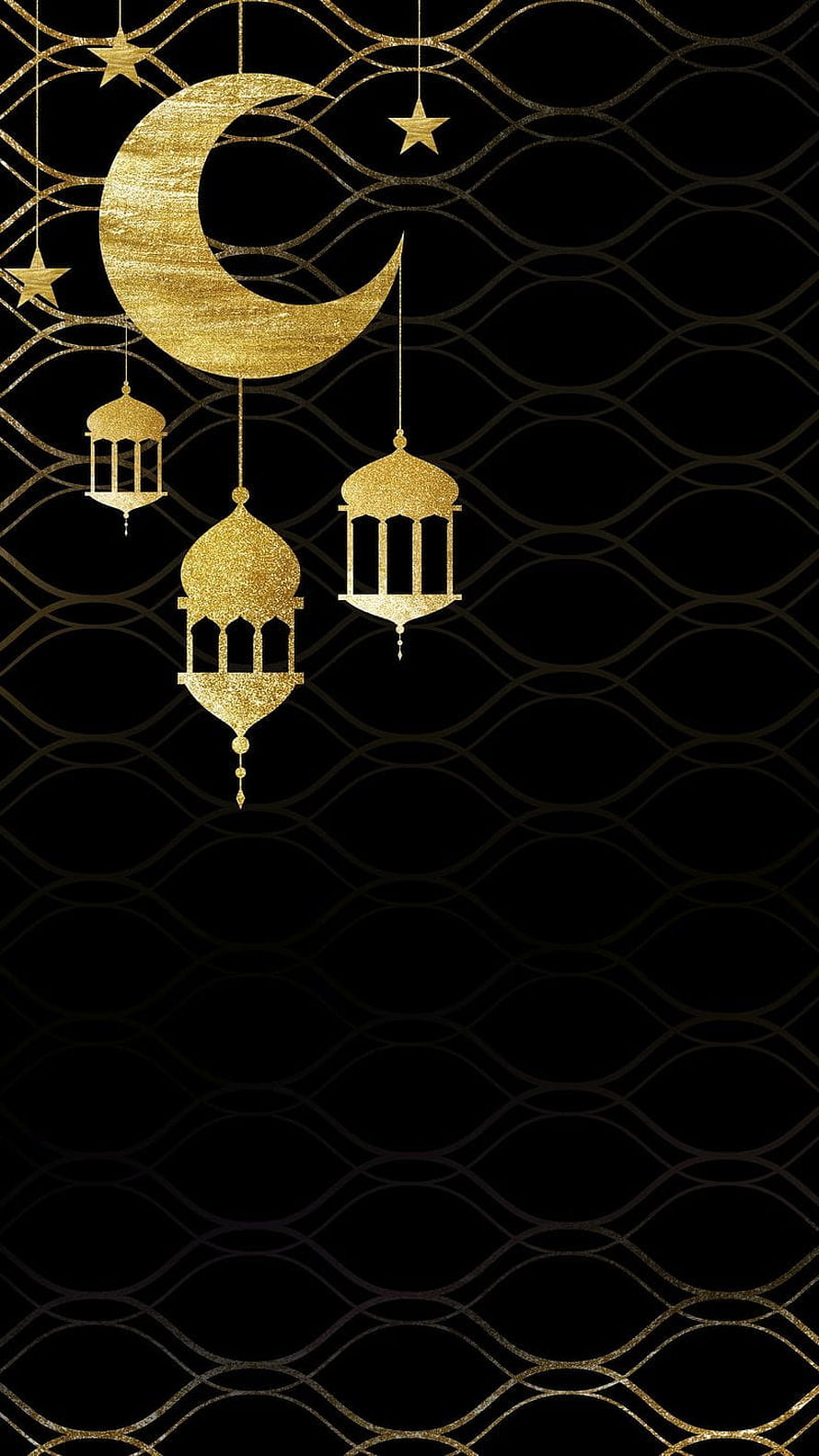 Elegant Gold Glitter Crescent Moon and Lanterns on Black Background HD phone wallpaper