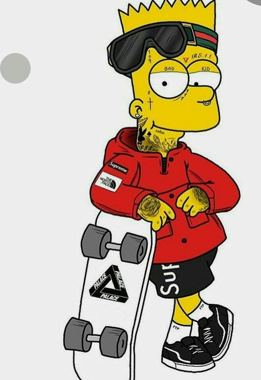 Bart Simpson in Streetwear Hoodie Holding Skateboard with Brand Logos HD phone wallpaper