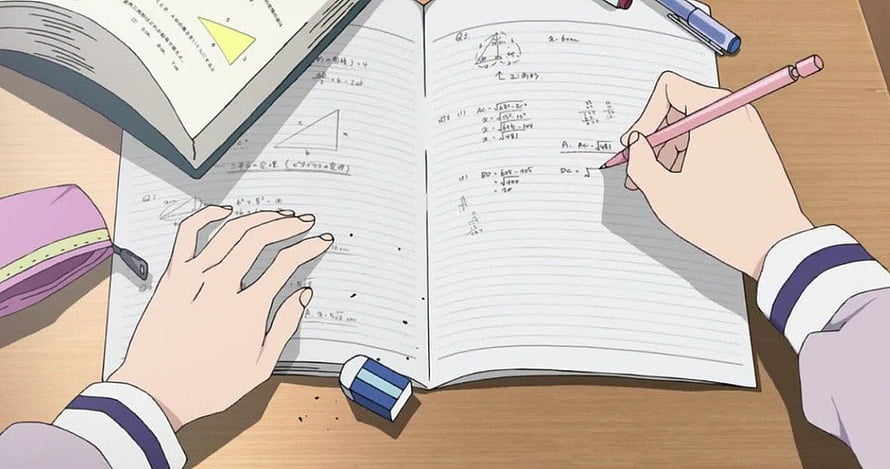 Anime Study Aesthetic: Hands Writing Math Problems in a Notebook with Pencil and Eraser HD wallpaper
