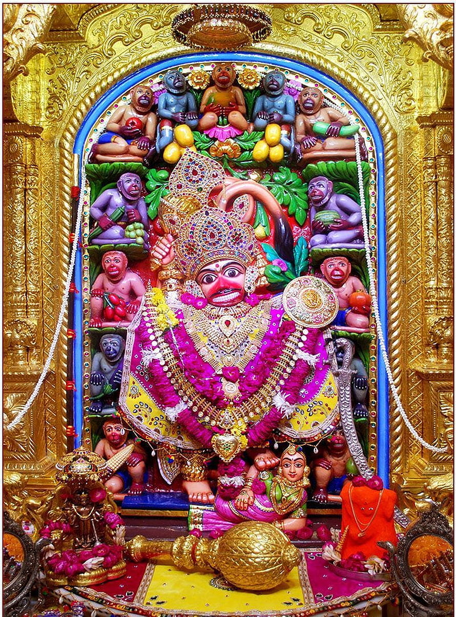 Sarangpur Hanuman Temple Deity Adorned in Vibrant Garlands and Golden Ornaments, Sarangpur Hanuman, #sarangpur HD phone wallpaper