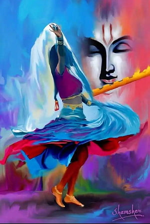 Krishna Playing Flute With Radha Dancing In Vibrant Colors HD phone wallpaper