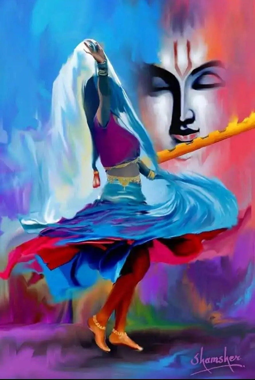 Krishna Playing Flute With Radha Dancing In Vibrant Colors HD phone wallpaper