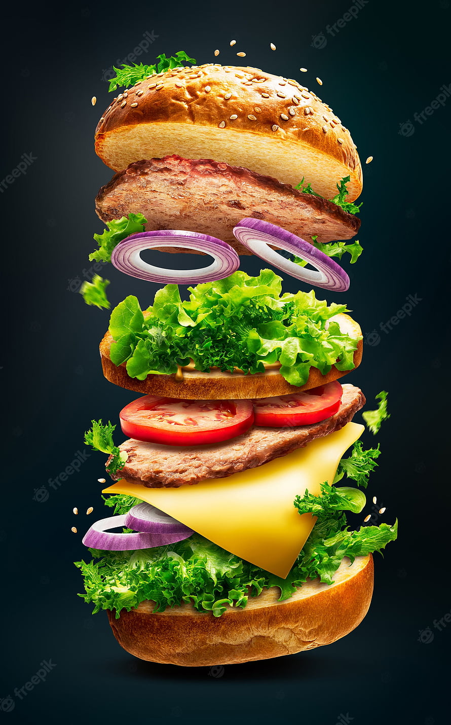 Exploded Cheeseburger with Fresh Lettuce, Tomato, Onion, and Sesame Bun on Dark Background HD phone wallpaper