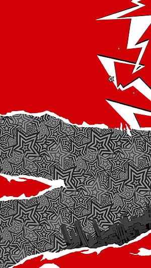 Abstract Red and Black Star Pattern with Torn Paper Effect and City Skyline Silhouette HD phone wallpaper