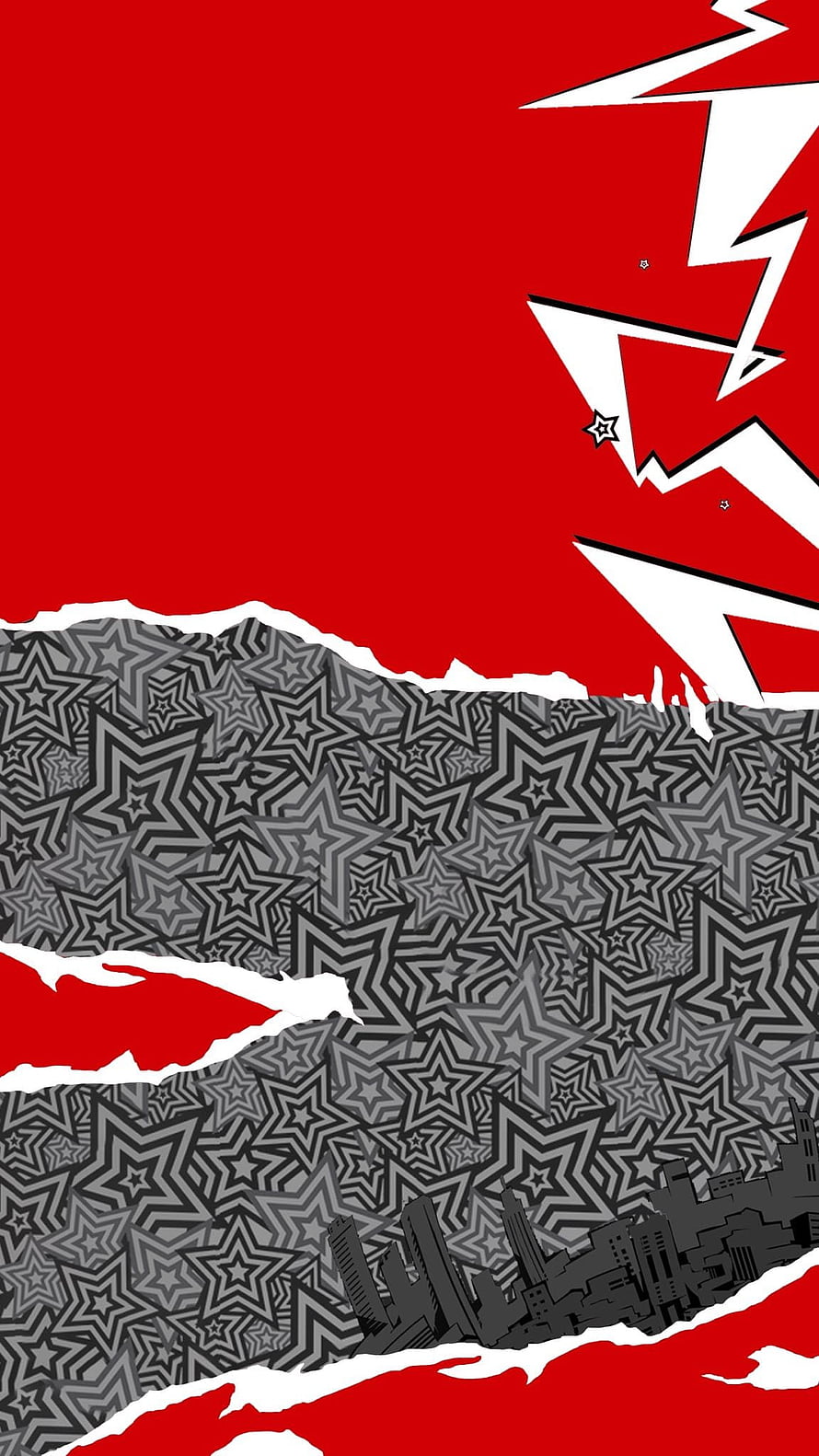 Abstract Red and Black Star Pattern with Torn Paper Effect and City Skyline Silhouette HD phone wallpaper