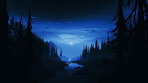Small Memory Nighttime Forest Landscape with Moonlit River and Distant Mountains HD wallpaper