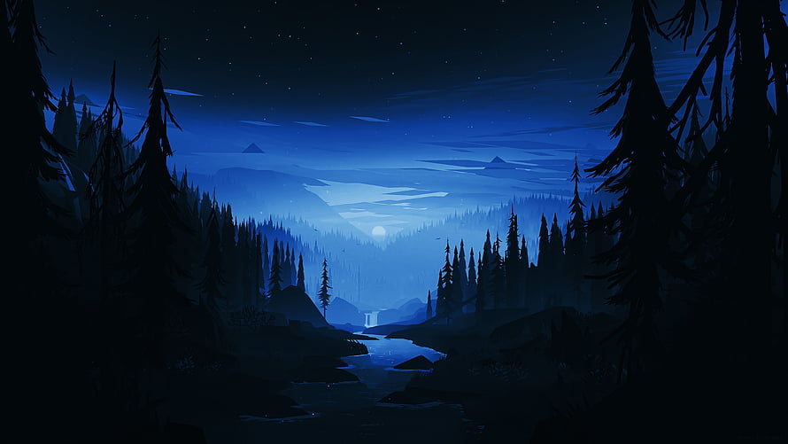Small Memory Nighttime Forest Landscape with Moonlit River and Distant Mountains HD wallpaper
