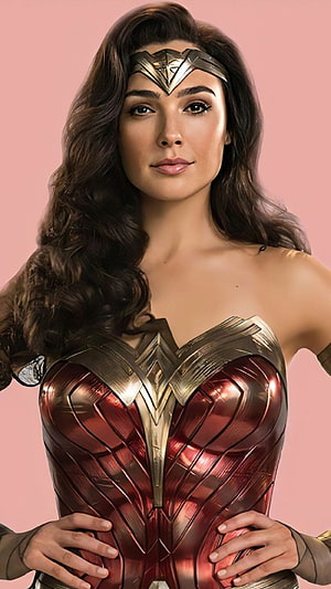 Gal Gadot as Wonder Woman in metallic red and gold armor with tiara against pink background, Gal Gadot In Movie Wonder Woman 1984 Ultra Mobile, wonder woman 1984 gal gadot ultra HD phone wallpaper