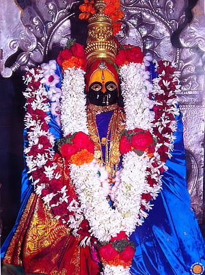 Tulja Bhavani Murti Adorned With Vibrant Floral Garlands And Traditional Temple Attire HD phone wallpaper