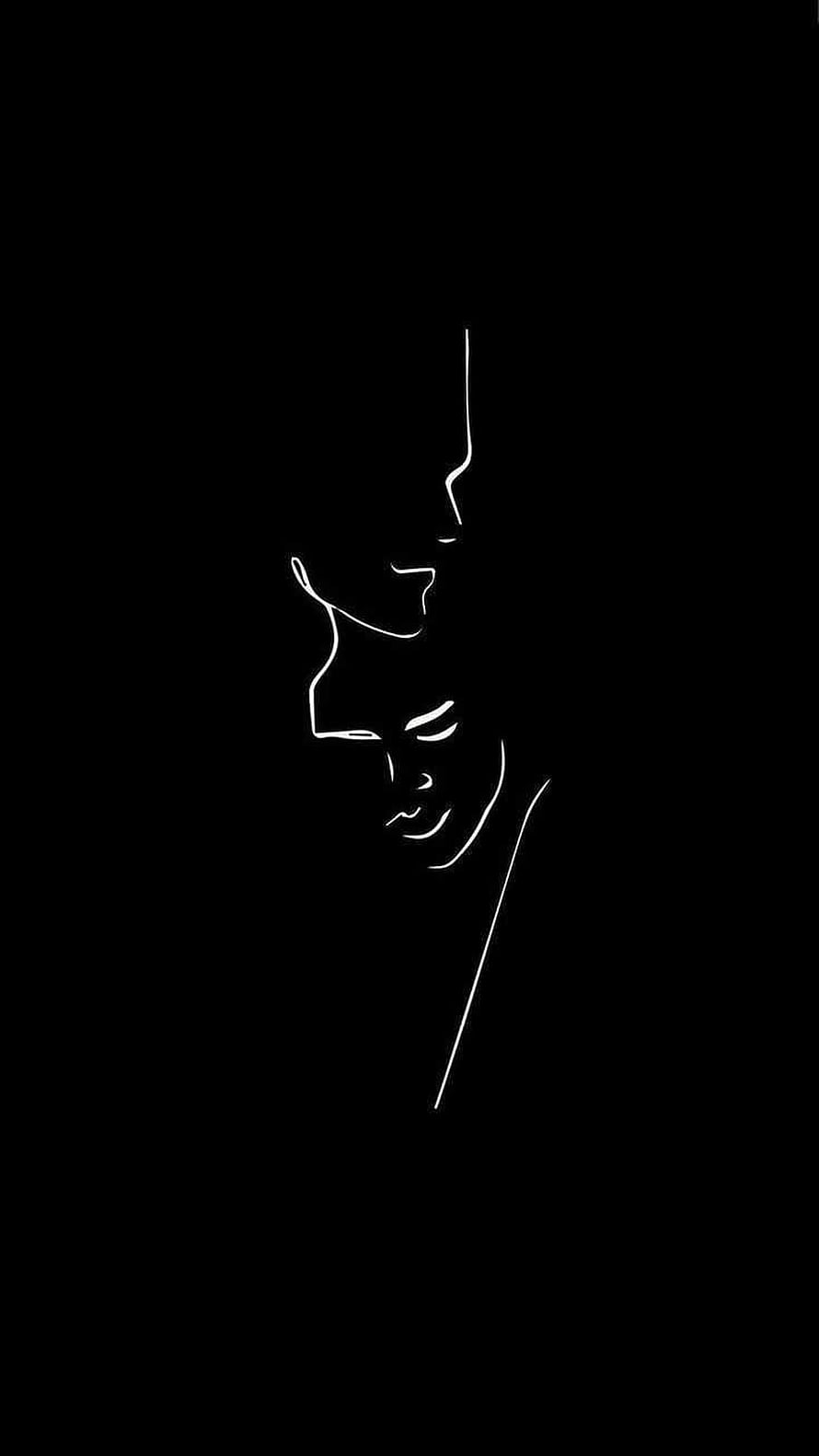 Minimalist One-Line Drawing of Two Faces in Intimate Embrace on Black Background HD phone wallpaper