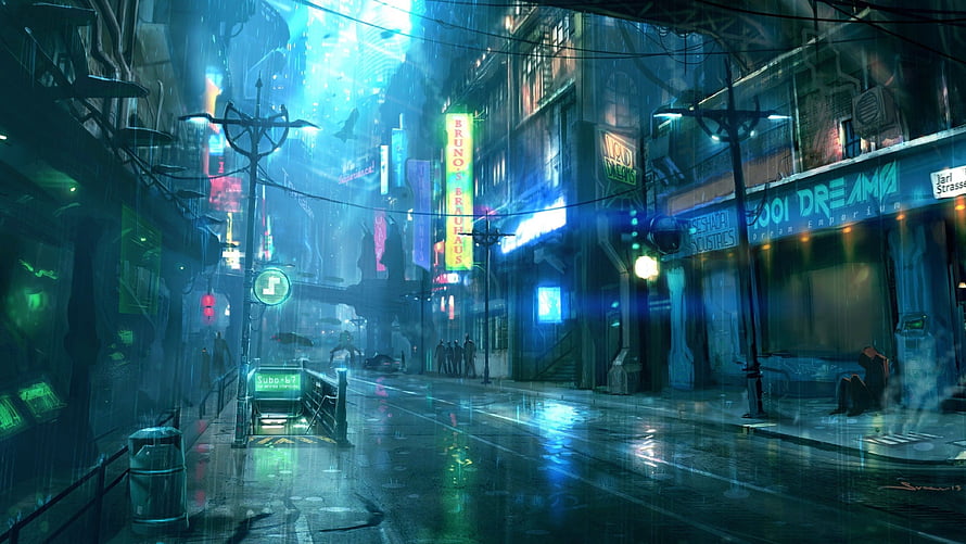 Cyberpunk City Street in the Rain with Neon Signs and Wet Reflections HD wallpaper