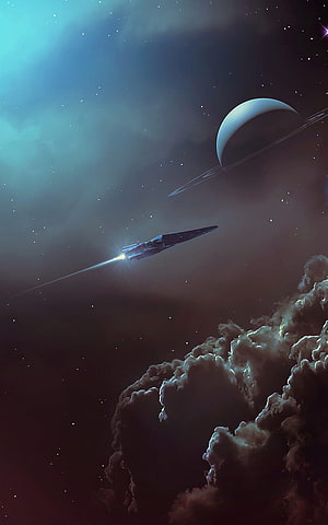 Sleek Starship Cruising Past Ringed Planet and Nebula Clouds in Deep Space HD phone wallpaper