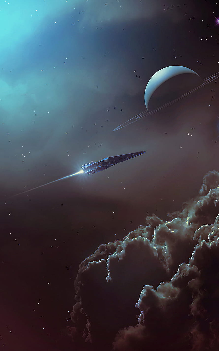 Sleek Starship Cruising Past Ringed Planet and Nebula Clouds in Deep Space HD phone wallpaper