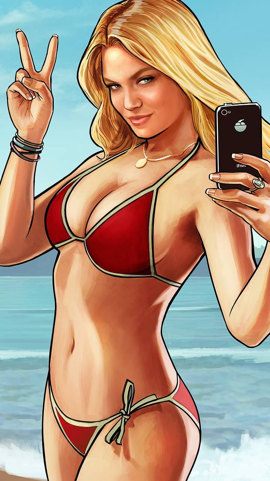 Blonde Woman in Red Bikini Taking Selfie on Beach, GTA V Girl by RentIsTooHigh HD phone wallpaper