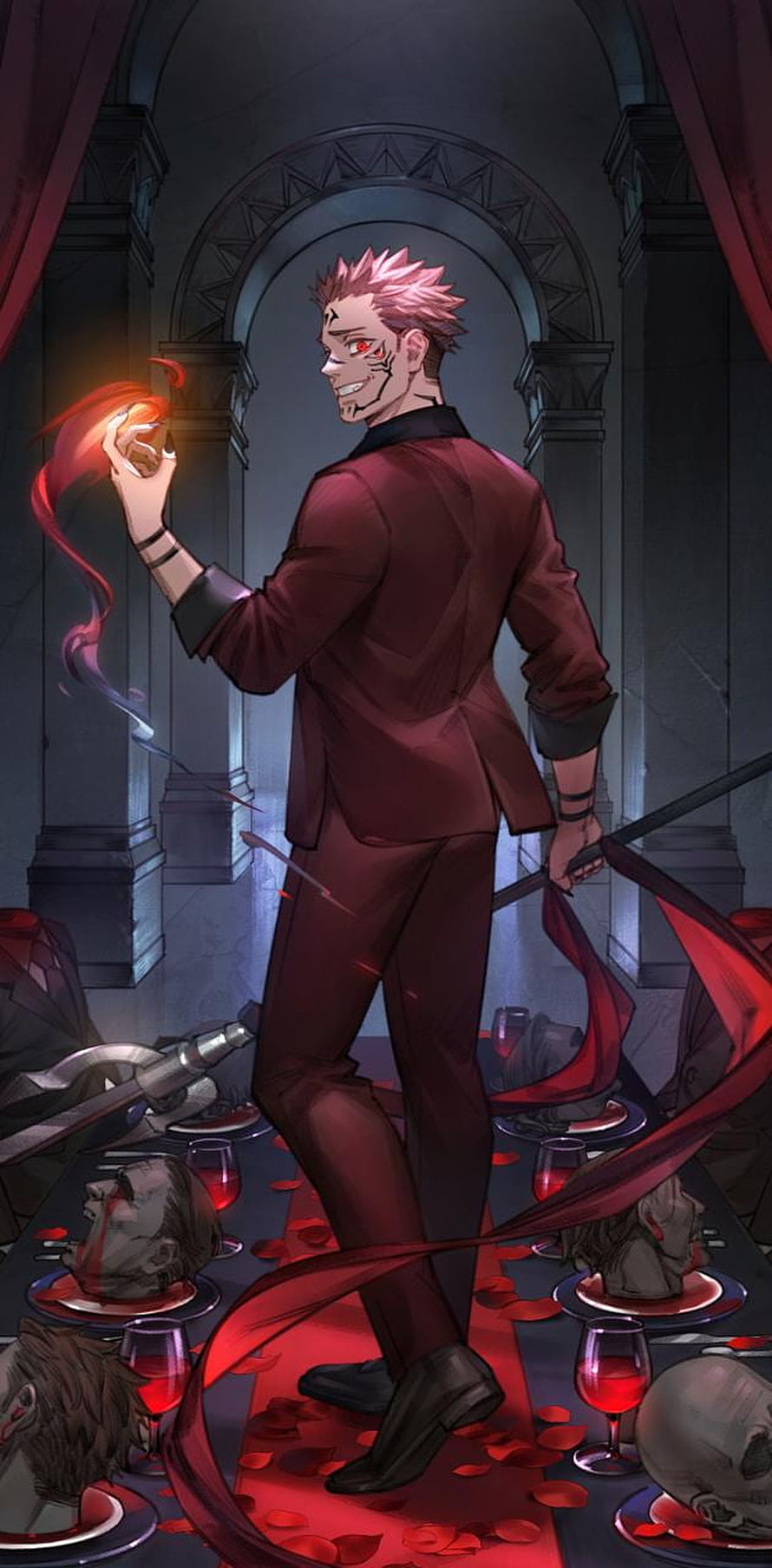 Sukuna in a dark red suit holding a glowing orb in a gothic hall with severed heads and wine glasses HD phone wallpaper